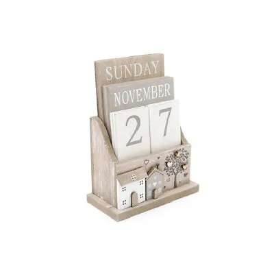 £14.18 • Buy Beautiful Houses & Tree Theme Wooden Block Calendar Free Standing Desk Gift Home