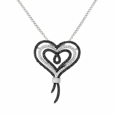 1/2 Ct Natural Black & White Diamond Sterling Silver Knots Of Love Heart Pendant • $390.38