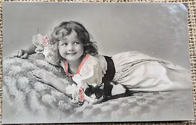 RP Edwardian Girl & Kitten Tinted Real Photo Bromide Postcard 1910s • £1.50