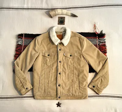 LEVIS PREMIUM Corduroy Sherpa Trucker Jacket Large BIG E Sand Brown LNWOT • £68.81