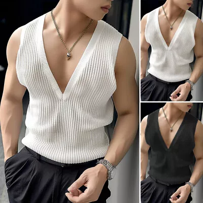 Mens Deep V Neck Sleeveless Hollow Out T Shirt Vest Casual Loose Solid Tank Tops • $16.14