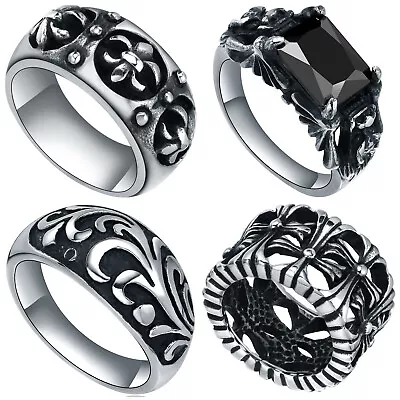 Mens Stainless Steel Vintage Cross Fleur De Lis Floral Or Crystal Ring  • $11.38