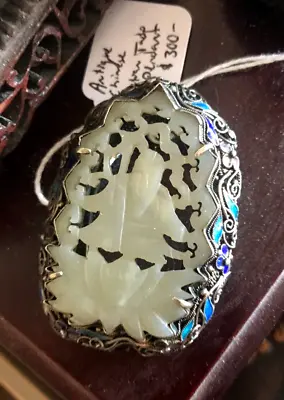 ATQ Chinese Sterling Silver  Carved Jade Buddha Sitting On Lotus Blossom Pendant • $249.99