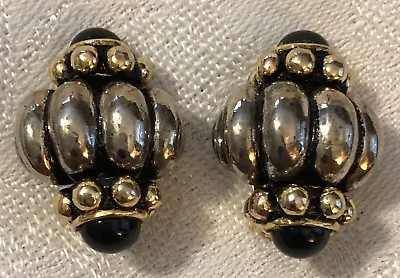 Vintage Stony Clip-On Earrings Onyx Gold Silver Tone Signed Jewelry • $16.48