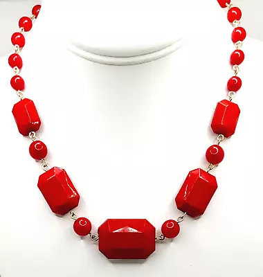 Vintage Red Faceted Bead Link Necklace 17  Unsigned • $5