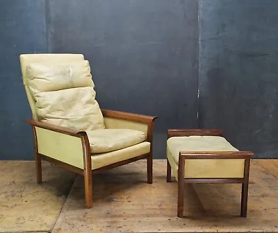 Rosewood Leather  Lounge Chair Ottoman Danish Vatne Olsen Vodder Mid-Century Vtg • $695