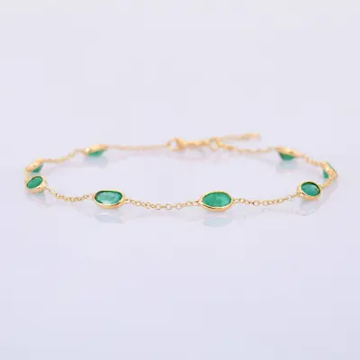 Dainty Oval 1.85ct Green Emerald Chain Bracelet In Solid 18k Yellow Gold • £255.48