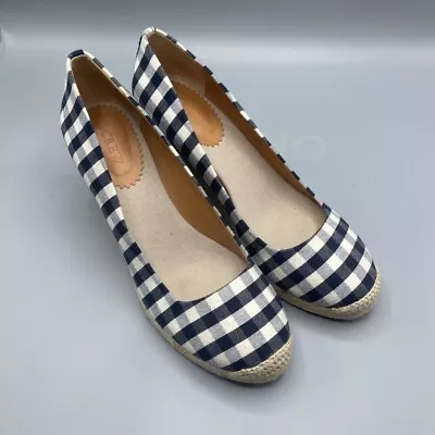 J.Crew Shoes Womens Seville Espadrilles Wedge Heel Navy White Gingham High 10 • $55.55