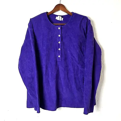 Vintage La ReDoute Shirt Velvet Royal Purple Half Button Long Sleeve 90s Womens • $15.99
