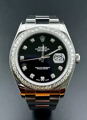 Rolex Mens Datejust 41mm Oyster Steel Watch ICED 3ct Diamond Black Dial 116300 • $11499