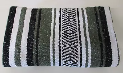 Mexican Blanket Throw Rug Green Woven Stripe Picnic Festival Camping -M83 • £22