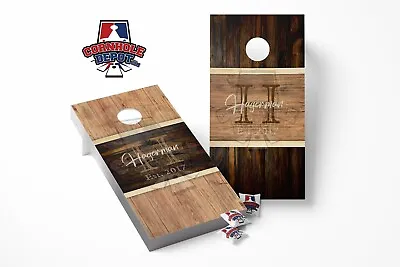 Personalized Monogrammed Dark & Light Brown Wood Cornhole Board Vinyl Wrap Set • $38.99