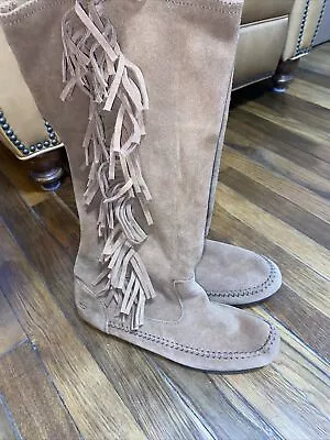 Sketchers Love Letters Tall Suede Leather Tan Chestnut Moccasin Fringe Boots 11 • $70