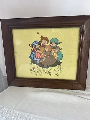 Framed Hummel  Ring Around The Rosie  Finished Cross Stitch Vtg Yellow Grandma • $15