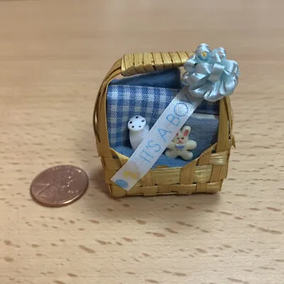 Vintage Artisan Dollhouse Miniature Newborn Baby Gift Basket Shower Boy Diorama • $31.84