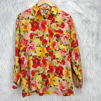 Gitano VTG Women Sz M Colorful 100% Silk Floral Button Up Long Sleeve Top Blouse • $21.59