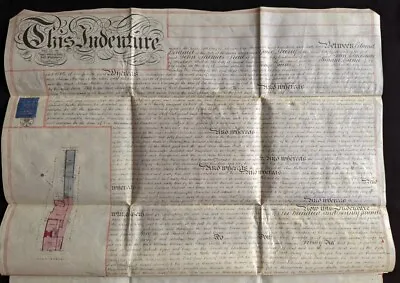 1864 Large Antique Vellum 2 Page Indenture Inc Colored Plan Chatham Kent England • $85