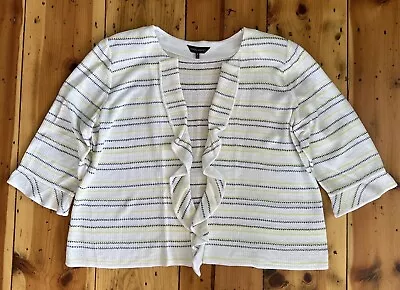 MING WANG Women’s Size 3XL Plus White Cardigan Black Yellow Stripes Open Ruffle • $37