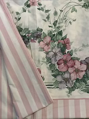 Vintage Sanderson Queen Flat Sheet Pink Floral  Stripes No Iron Made In USA • $14.99