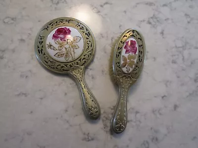 Vintage Antique Gold Toned & Porcelain Mirror And Brush Set With Deep Pink Roses • $95