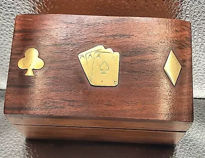 Vintage Wooden Storage Double Deck Box With Brass Inlay Of Suits And Cards Aces  • $29.88