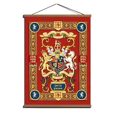 United Kingdom Vintage Ensign Banner Flag W/ Coat Of Arms; Canvas Wooden Hanger • $49.77