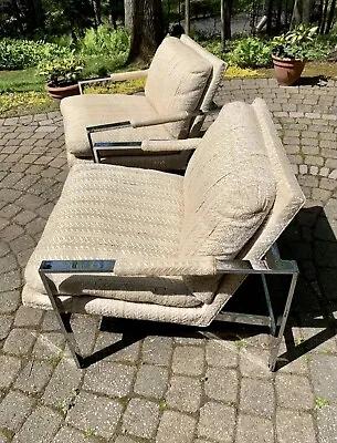 A Pair Of Milo Baughman For Thayer Coggin Chrome Flat Bar Lounge Chairs MCM 951 • $3350