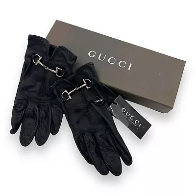 GUCCI Vintage 90s Black Leather Horsebit Gloves Boxed Sz 6.5 S • $390