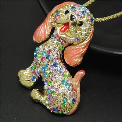 Betsey Johnson Crystal Dachshund Dog Gold Pendant Necklace Brooch Free Gift Bag • $33.99