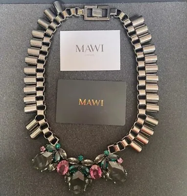 Mawi Teardrop Crystal Gunmetal Tube Statement Necklace -Rare RRP £400 • $105.82
