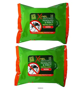 XPEL Mosquito & Insect Repellent Wipes Long Lasting Protection - 25 Wipes X 2 • £6.63