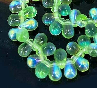 50 Czech Glass Teardrop Beads Tear Drops Green - Peridot AB Moonstone • $4.50