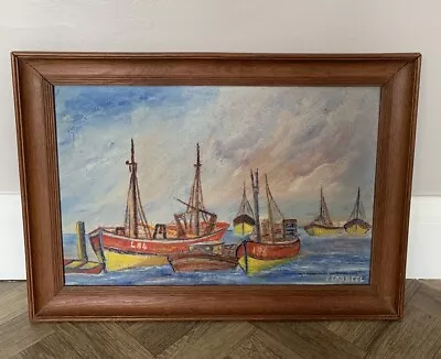 Vintage Framed Oil Painting Harbour Boats Scene Nautical Signed • £50.99