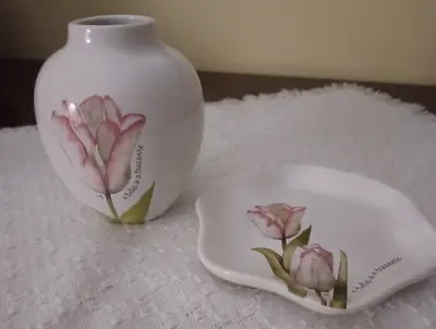 VTG Marjolein Bastin Tulip Ceramic Bud Vase & Matching Plate-Nature Journey 2008 • $16.95