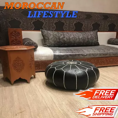 Black Moroccan Pouf Ottoman - Embroidered Leather Floor Pouf Hippie Style • $79