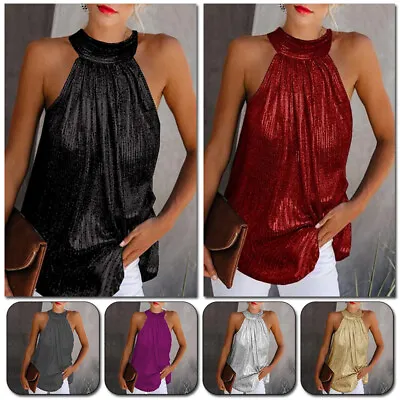 £11.51 • Buy Women Glitter Strappy Halter Neck Cami Vest Evening Party Tops Sleeveless Blouse