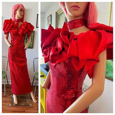 Vtg 80s Party Prom Dynasty EXTREME Satin Poof Red Sequin Glam Punk Cage Dress L • $99
