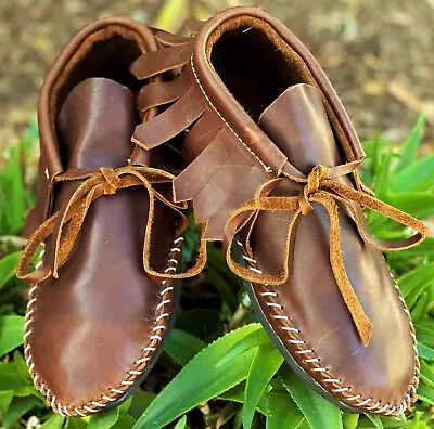 Men Brown Soft Leather Moccasins Ankle Ethnic USA Fringe Lace Up Comfortable USA • $88.95