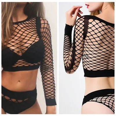 £5.49 • Buy UK Womens Fishnet Mesh See-through Long Sleeve Crop Tops Blouse T-Shirt Sexy