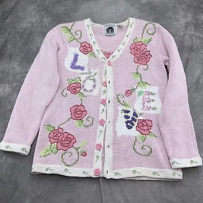 Storybook Knits Cardigan Women Small Pink Rose LOVE Ramie Cotton Sweater VTG • $37.97