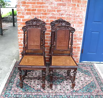 Set Of 4 French Antique Renaissance Oak Caine  Dining Chairs • $2000