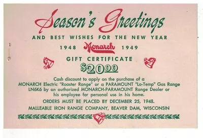 1948 $20 Gift Certificate Monarch Electric Ranges Beaver Dam Wisconsin • $15