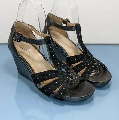 Michelle D Womens 7 Black Suede Leather Studded T Strap Wedge Gladiator Sandals • $10
