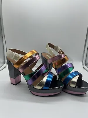 Ecote’ Rainbow Sandal 9M Open Toe High Heel Platform 4.5” Sling Back Blue Pink • $24.99