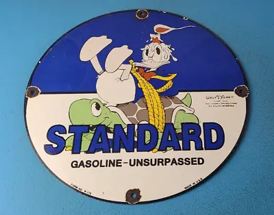 Vintage Standard Gasoline Sign - Gas Oil Pump Plate Walt Disney Porcelain Sign • $142.37