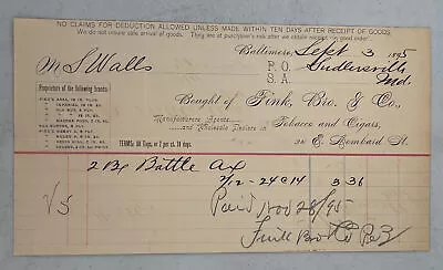Original Antique Receipt 1895 Cigar Tobacco  Billhead Baltimore Fink Bros & Co • $10.49