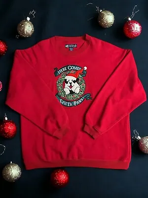 VINTAGE Big Dogs Christmas Here Comes Santa Paws Crewneck Sweatshirt Red Mens XL • $22.49