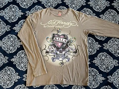 VINTAGE Ed Hardy Christian Audigier Love Kills Slowly Skull Long Sleeve LARGE • $64.99