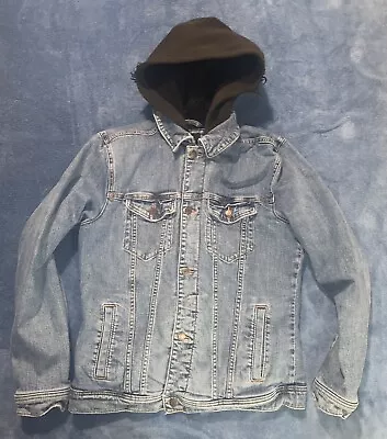 Hollister Sherpa Lined Distressed Hoodie Denim Jacket Sz Medium Blue • $35