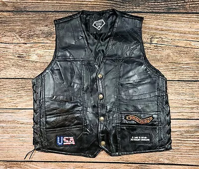 Diamond Plate Buffalo Leather Men 2X Biker Vest Black Retro Patchwork Jacket EUC • $80